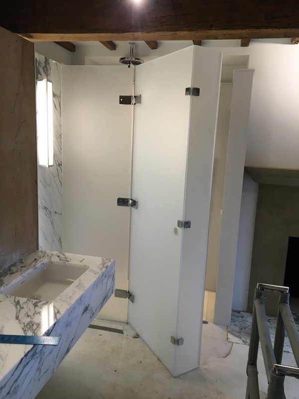Bespoke frosted glass shower enclosure in Harpenden luxury bathroom